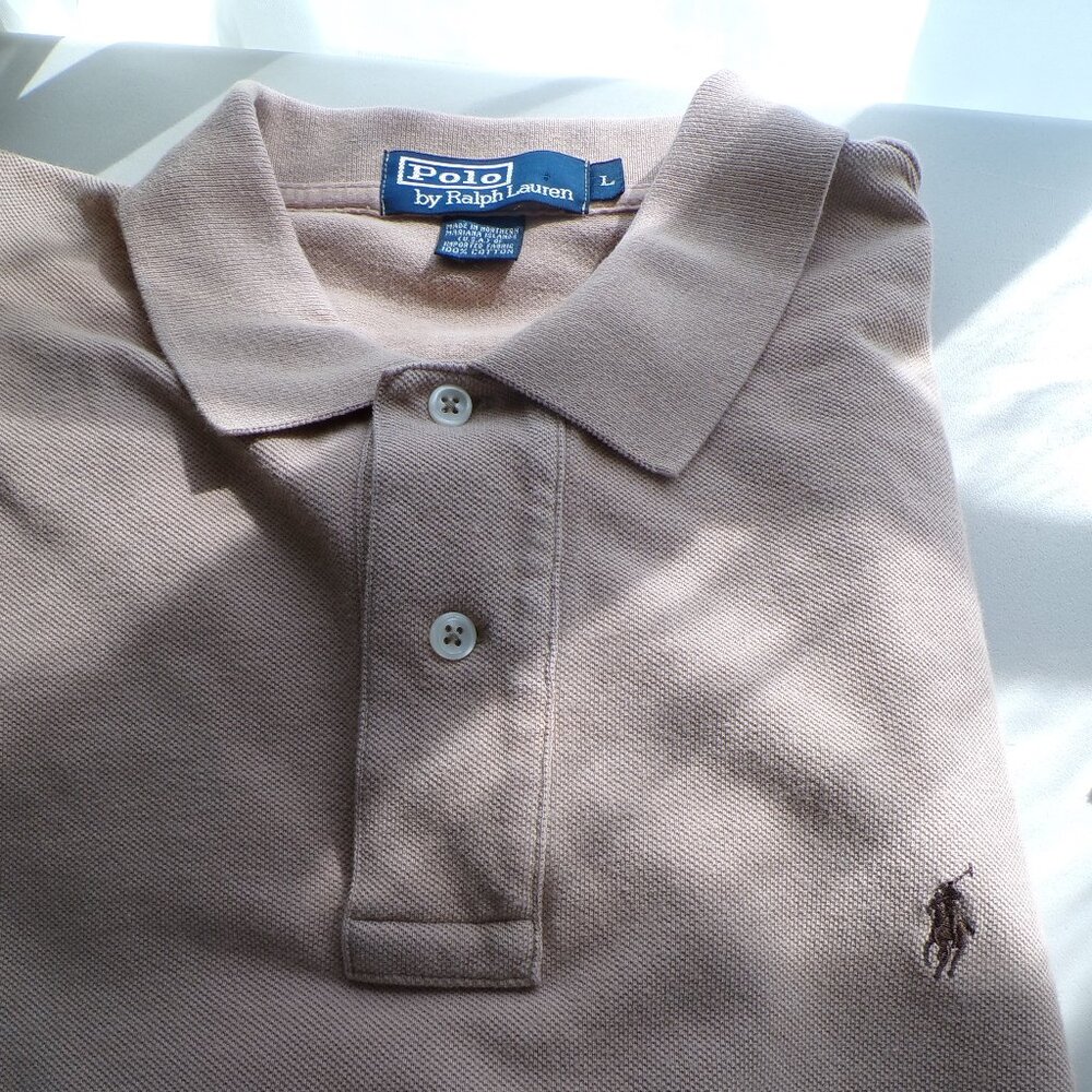 Vintage Early 90s Ralph Lauren Polo Shirt Tan Brown Pony Large Heavy Pique